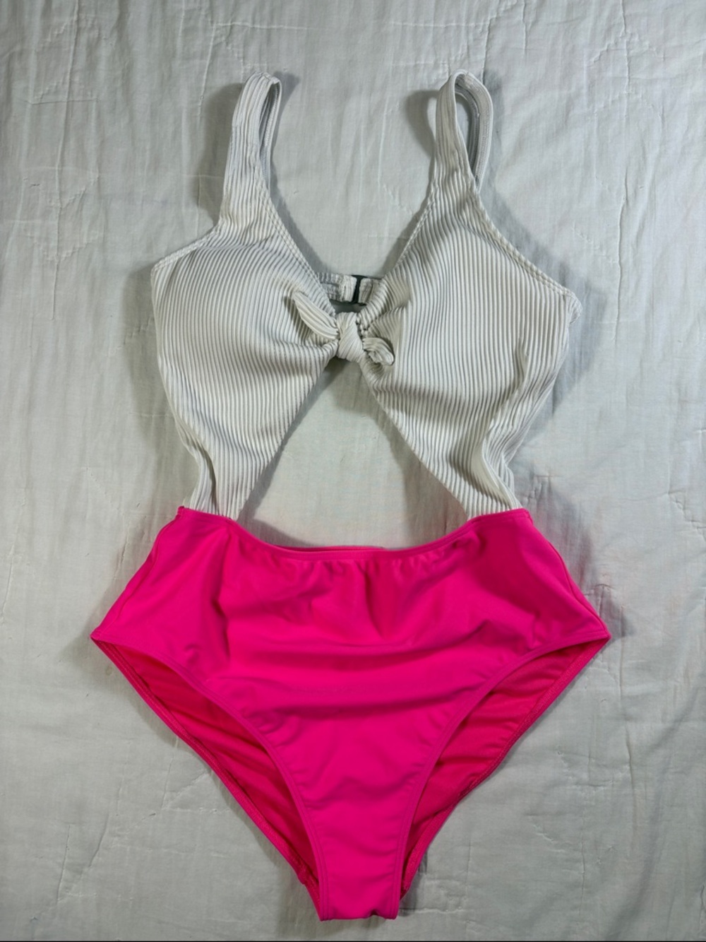 Hollister Swim Womens Ribbed Cutout Monokini Neon Pink‎ White Large 311363171